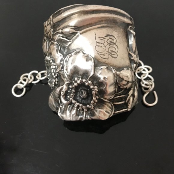 Floral Sterling Silver 925 Wide Cuff Bracelet Victorian Art Nouveau - Picture 4 of 7